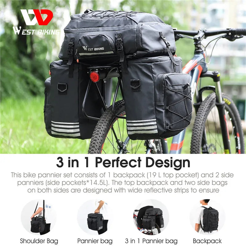 West Biking 48L Waterproof 3-in-1 Bike Bag: Pannier, Trunk, Double Side Bike Bag