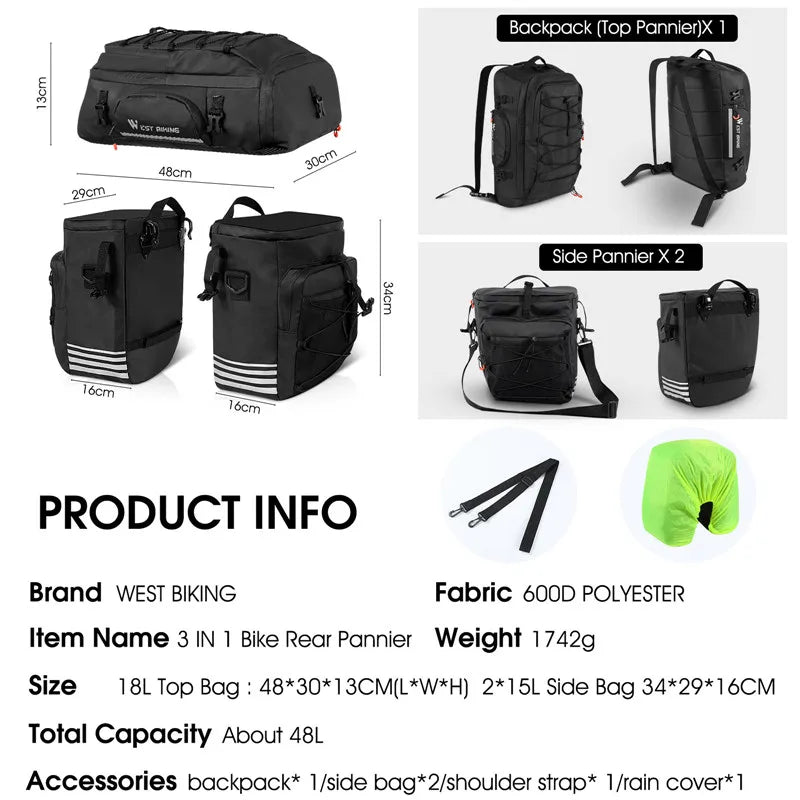 West Biking 48L Waterproof 3-in-1 Bike Bag: Pannier, Trunk, Double Side Bike Bag