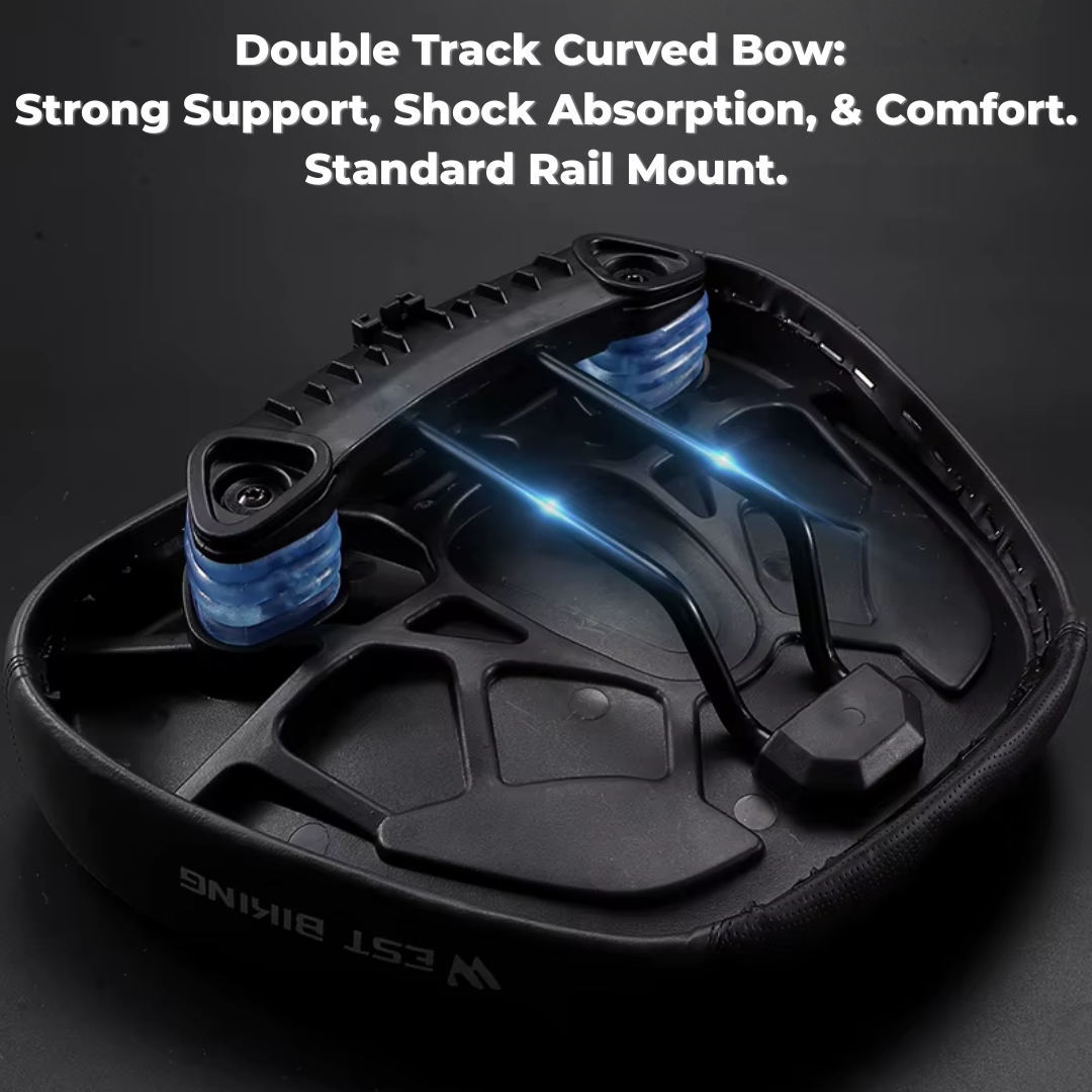 Rear view of no-nose comfort bike seat with dual shock bow rails for strong support, shock absorption, and standard clamp fit.