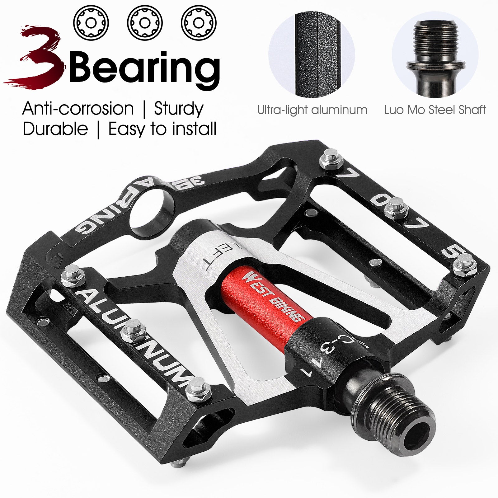 WEST BIKING 3 Bearings Bicycle Pedals Ultralight Anti-slip