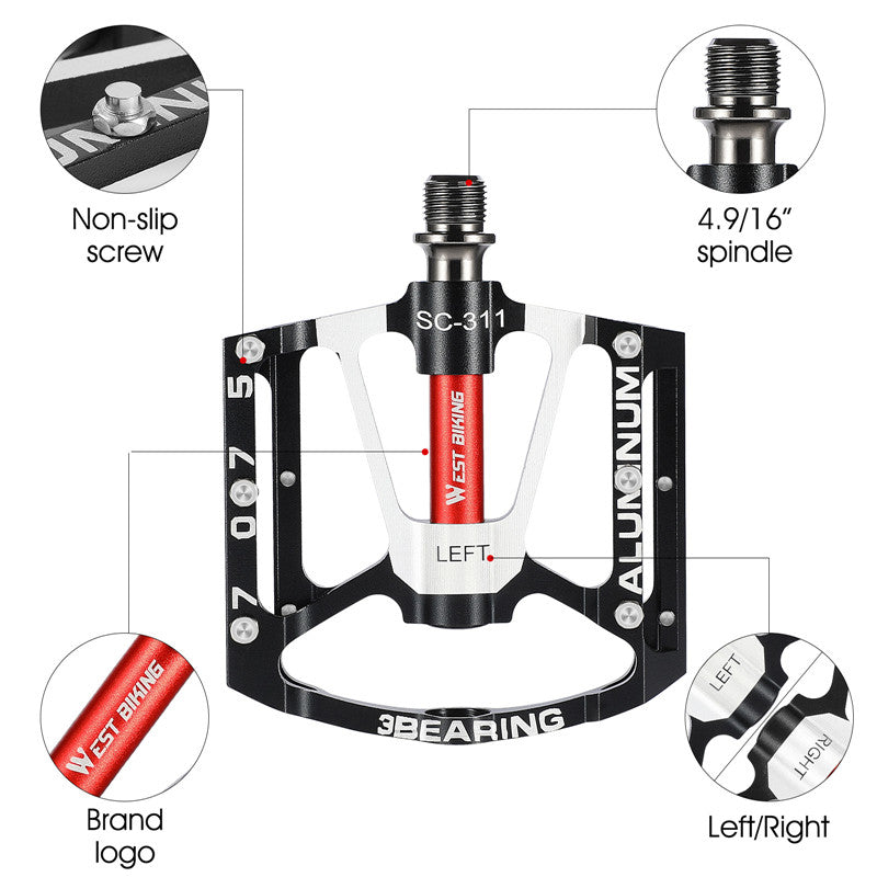 WEST BIKING 3 Bearings Bicycle Pedals Ultralight Anti-slip