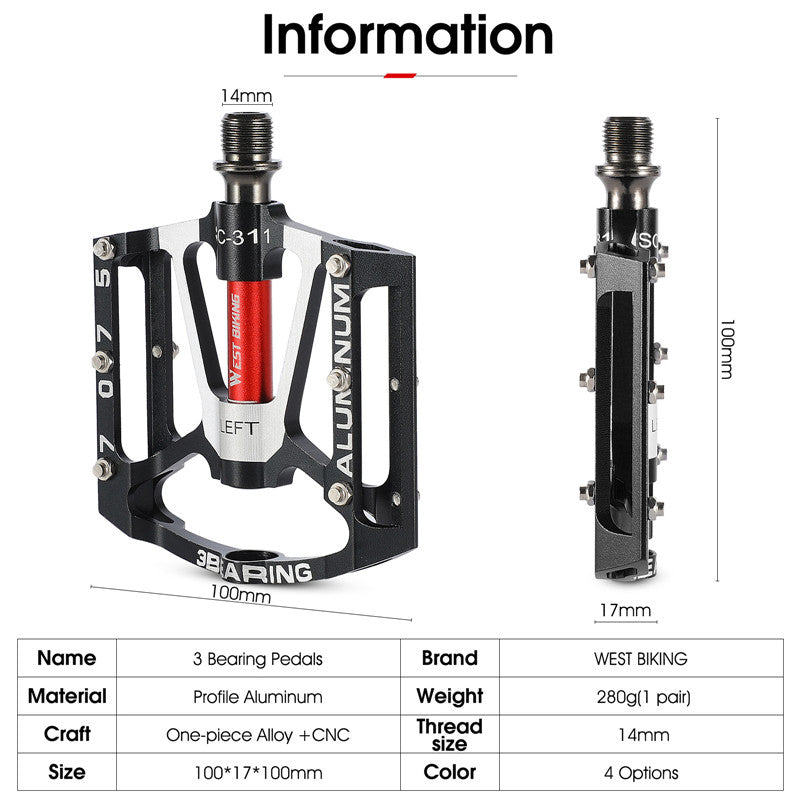 WEST BIKING 3 Bearings Bicycle Pedals Ultralight Anti-slip