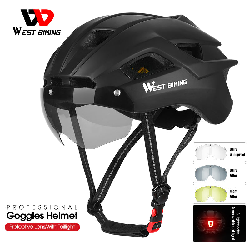 Bicycle Helmet With Taillight Goggles Sun Visor Lens