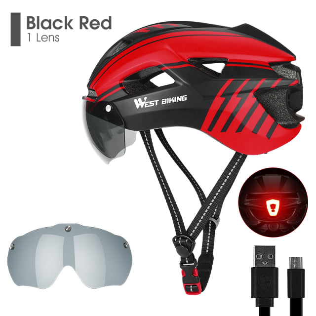 WEST BIKING Bicycle Helmet With Taillight Goggles Sun Visor Lens