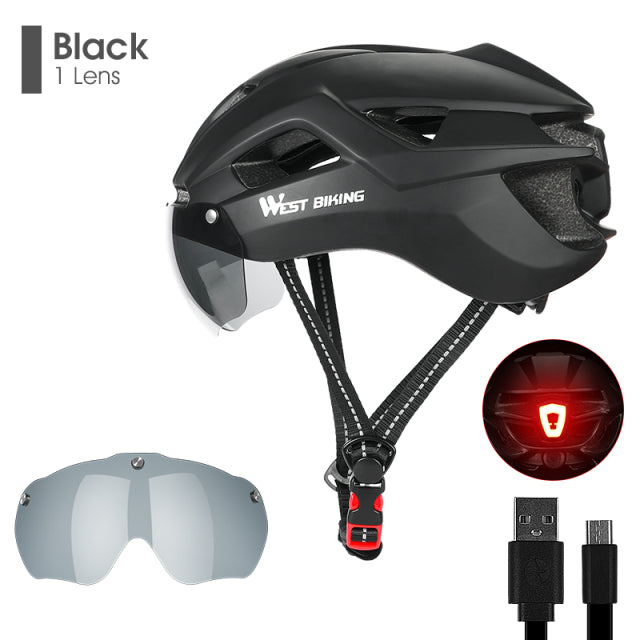 WEST BIKING Bicycle Helmet With Taillight Goggles Sun Visor Lens
