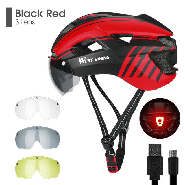WEST BIKING Bicycle Helmet With Taillight Goggles Sun Visor Lens