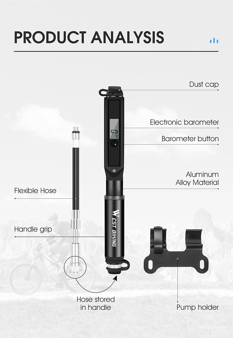 WEST BIKING Portable Bike Pump High Pressure Digital Gauge