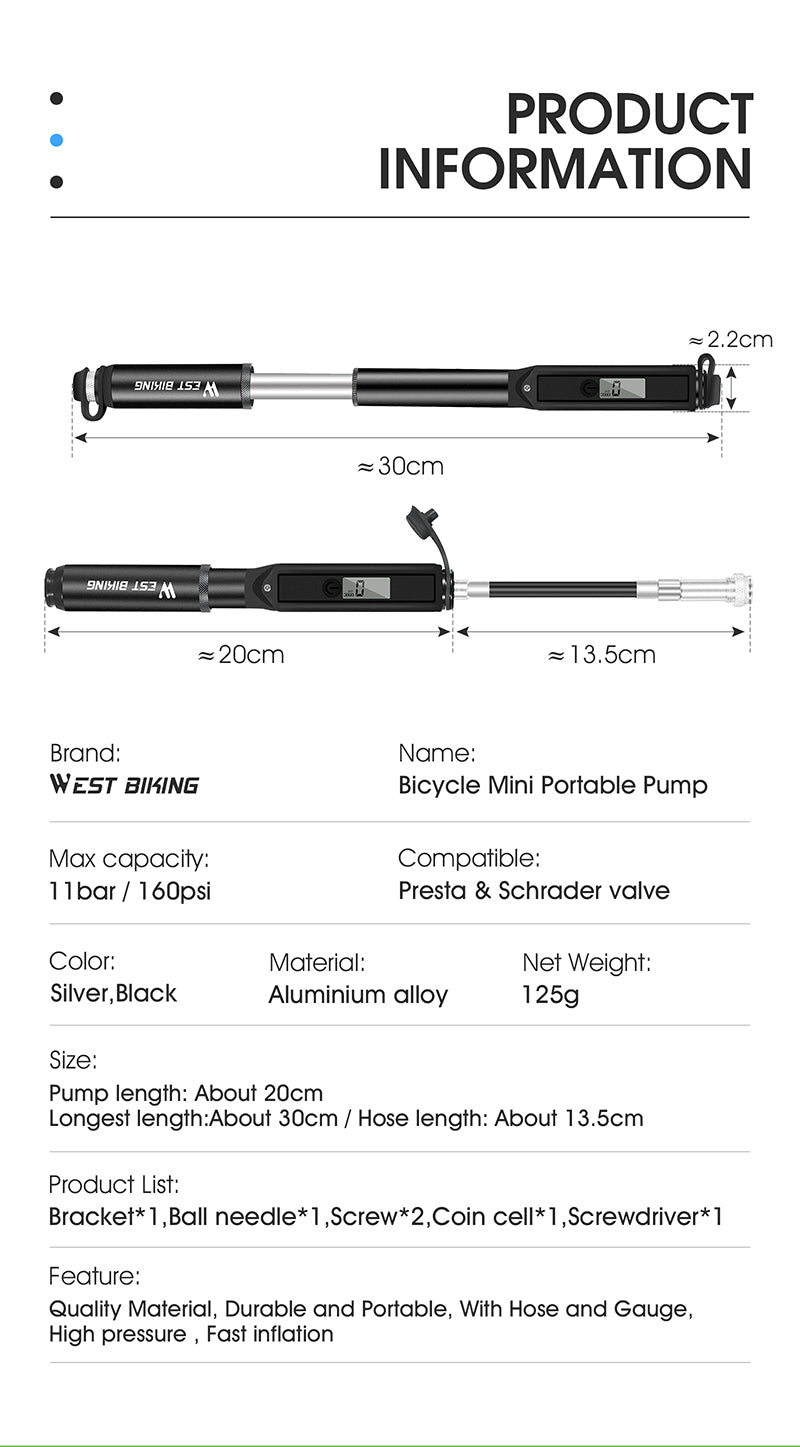 WEST BIKING Portable Bike Pump High Pressure Digital Gauge