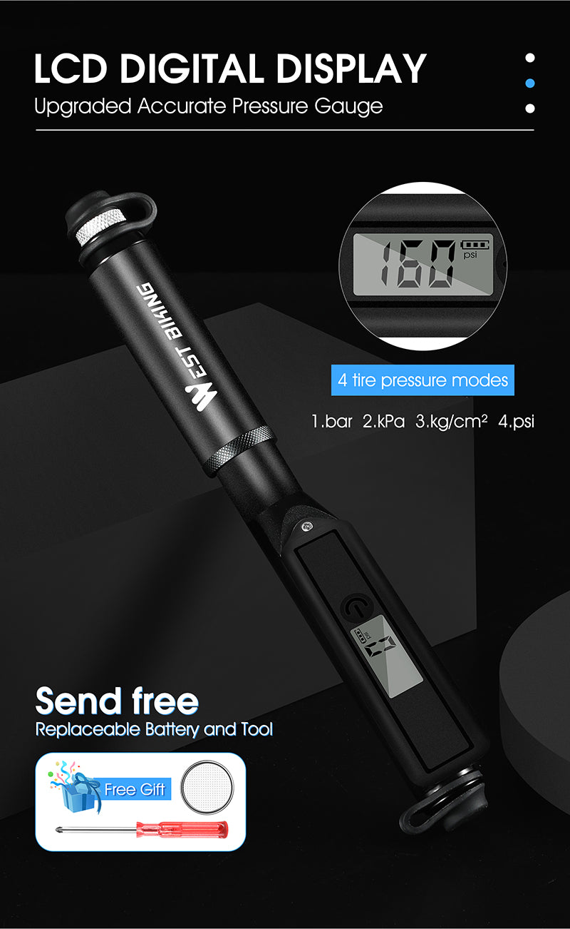 WEST BIKING Portable Bike Pump High Pressure Digital Gauge