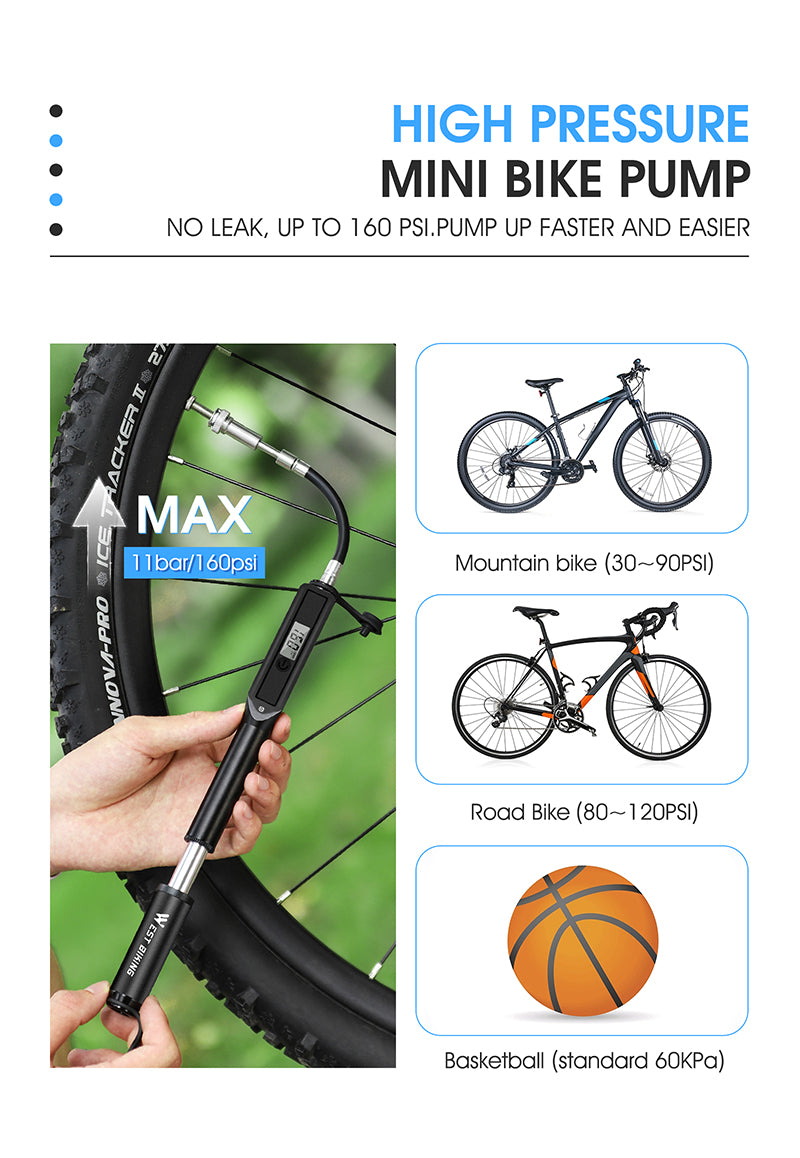 Portable Bike Pump High Pressure Digital Gauge