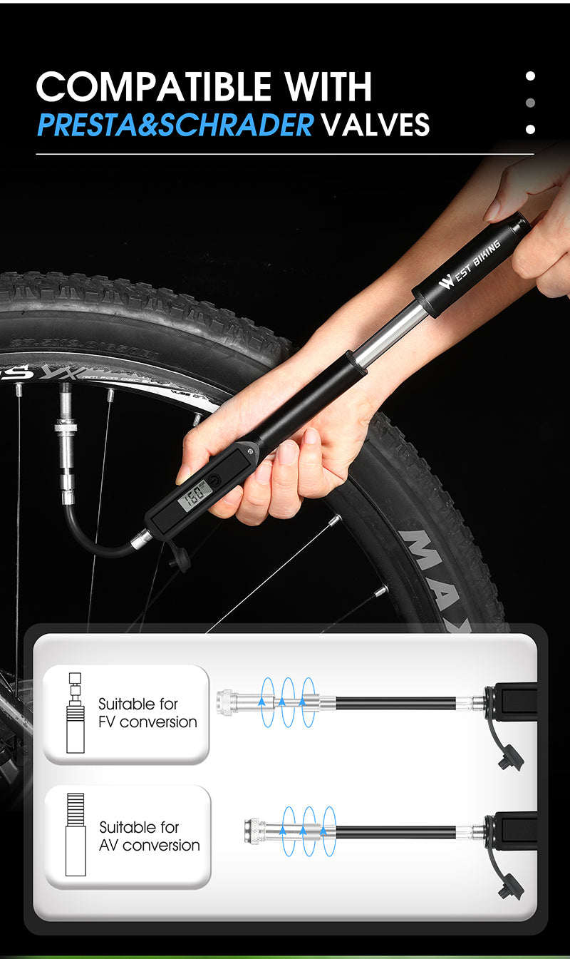WEST BIKING Portable Bike Pump High Pressure Digital Gauge