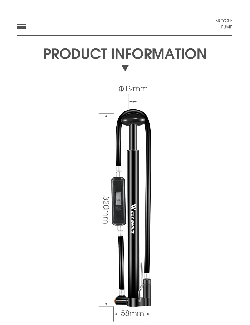 WEST BIKING Portable Bike Pump High Pressure Digital Gauge