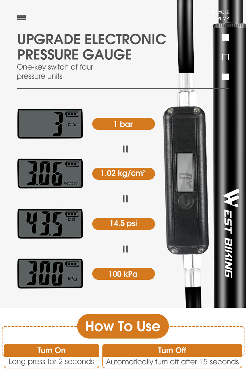 WEST BIKING Portable Bike Pump High Pressure Digital Gauge