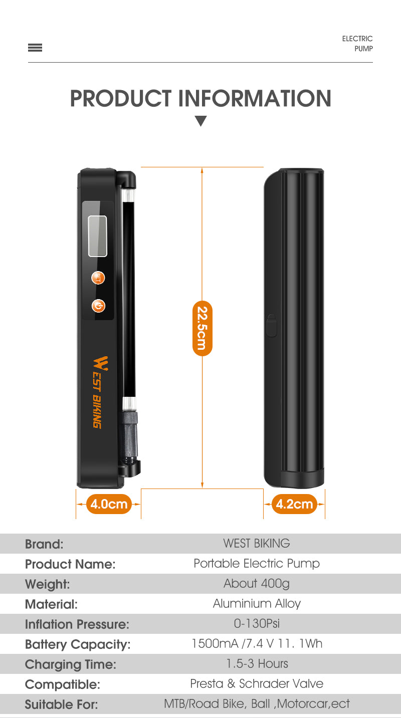 7.4V 1500mAh Electric Bicycle Pump Auto-stop