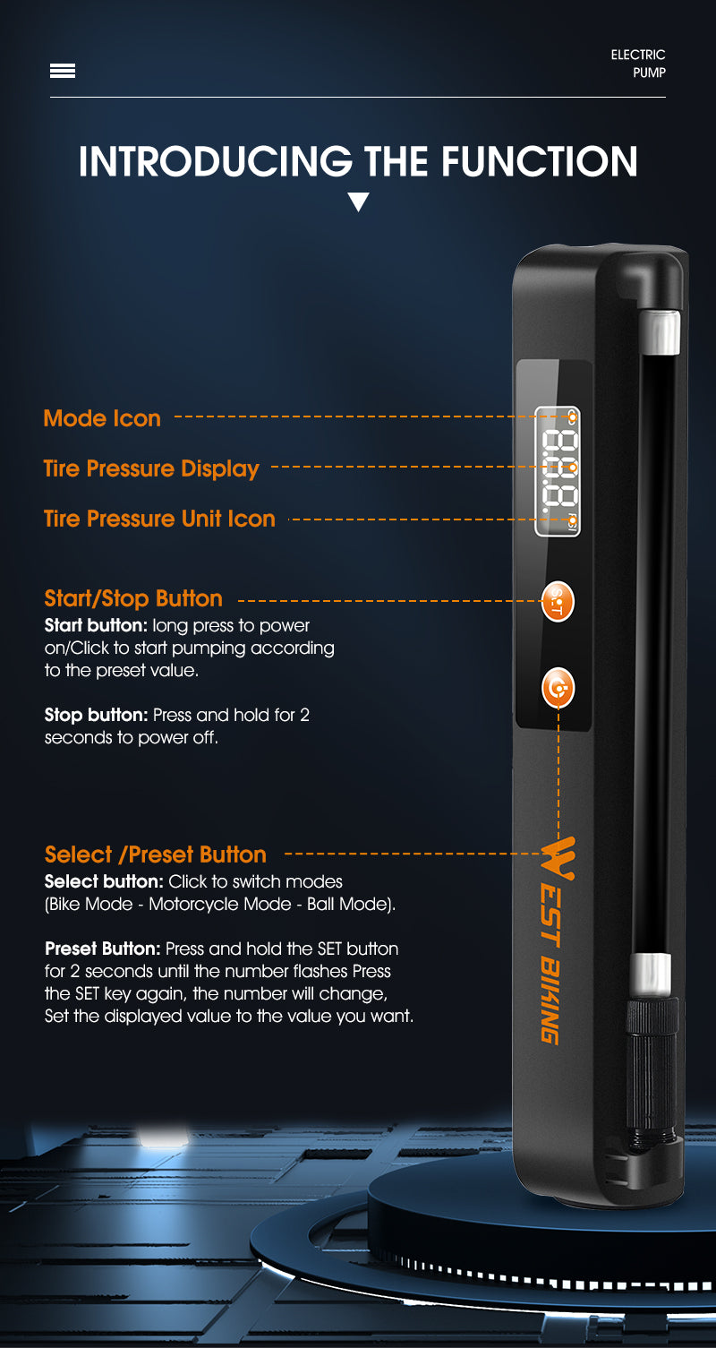 7.4V 1500mAh Electric Bicycle Pump Auto-stop